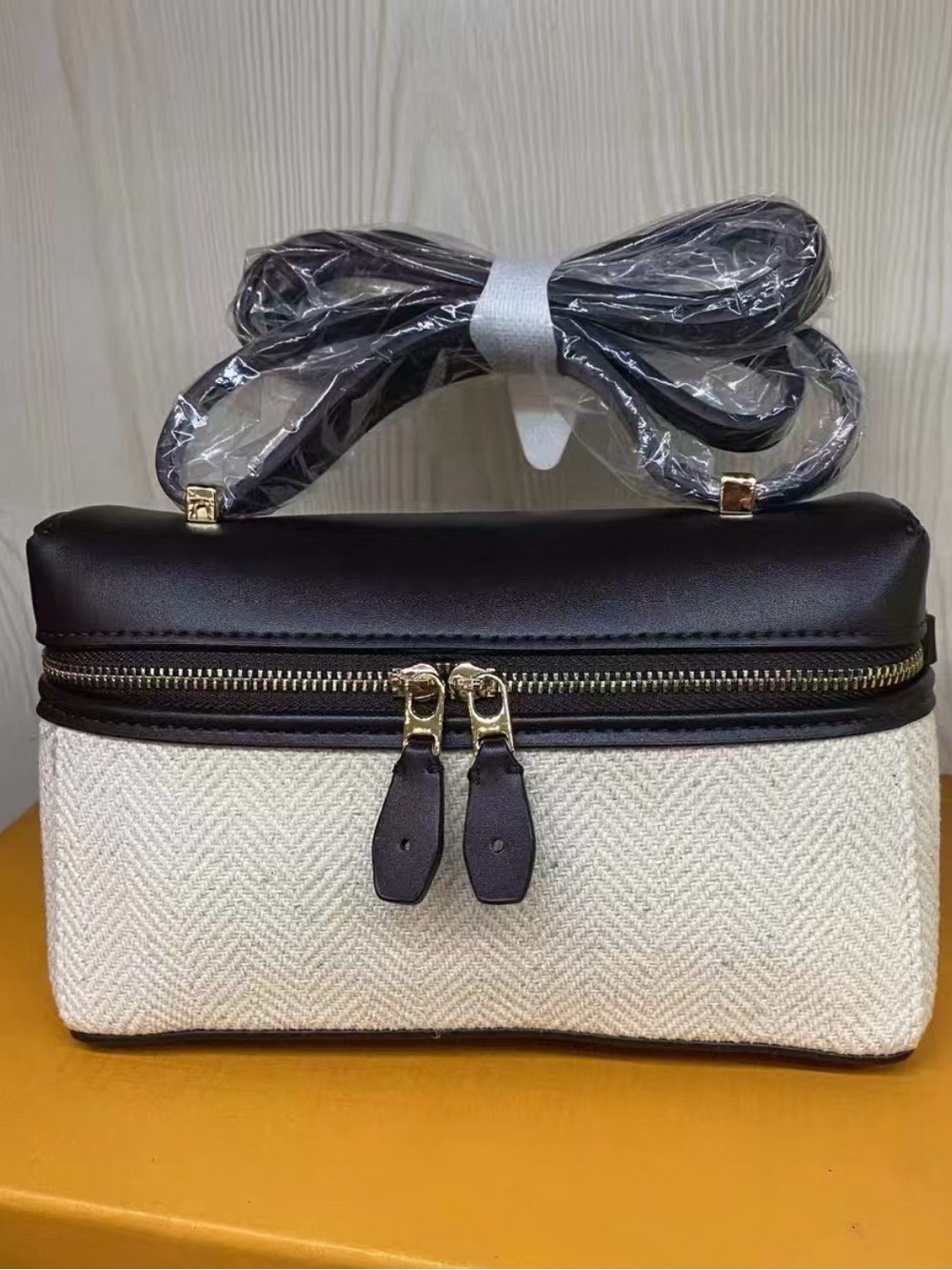 Cream and Black Textured Cosmetic Case with Removable Strap